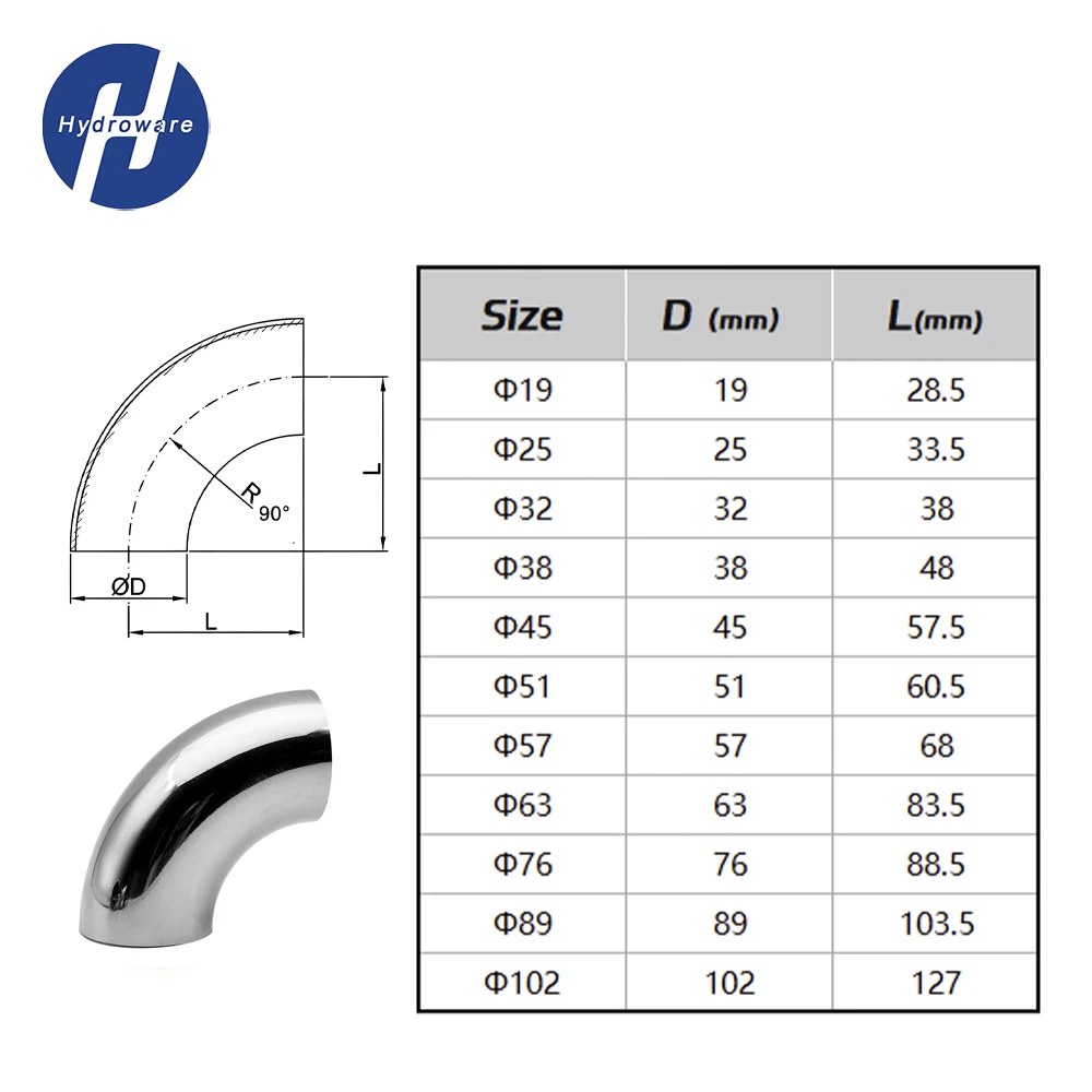 90° Sanitary Weld Elbow SUS304/316 Stainless Steel Food Grade Mirror Polished Pipe Fitting 19-102mm for Dairy Brewery Beverages