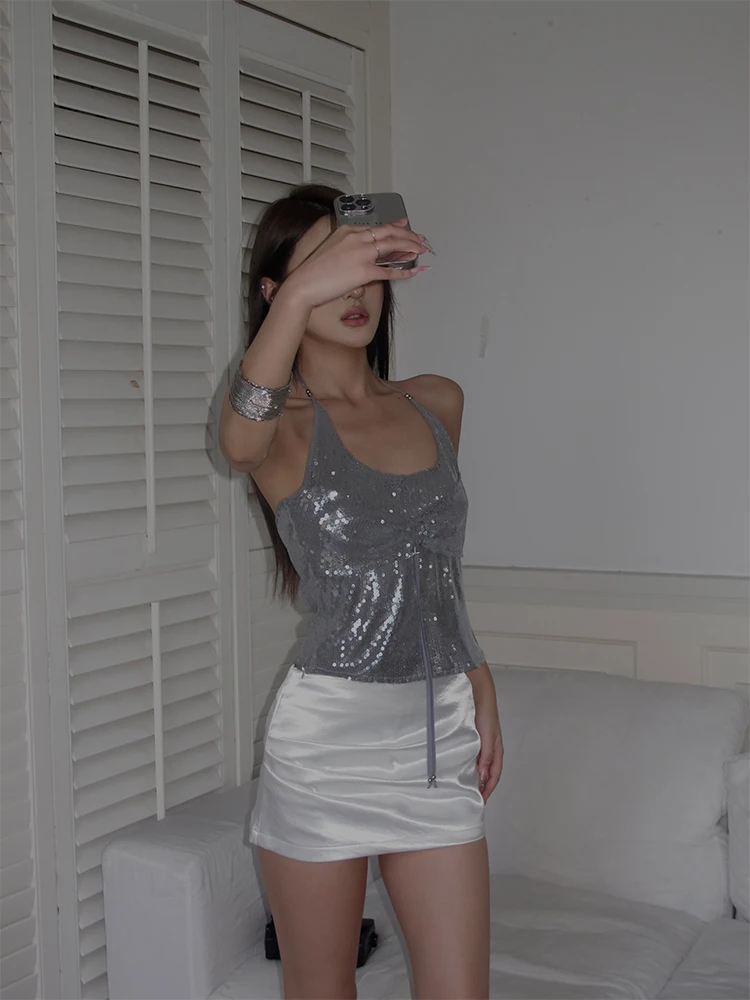 

HYTEMOLY Glitter Aosphere Sense Strapl U-Ne Vest Inner Wear Slimming Top Women's Summer Faion Sexy Sle Polyester B...