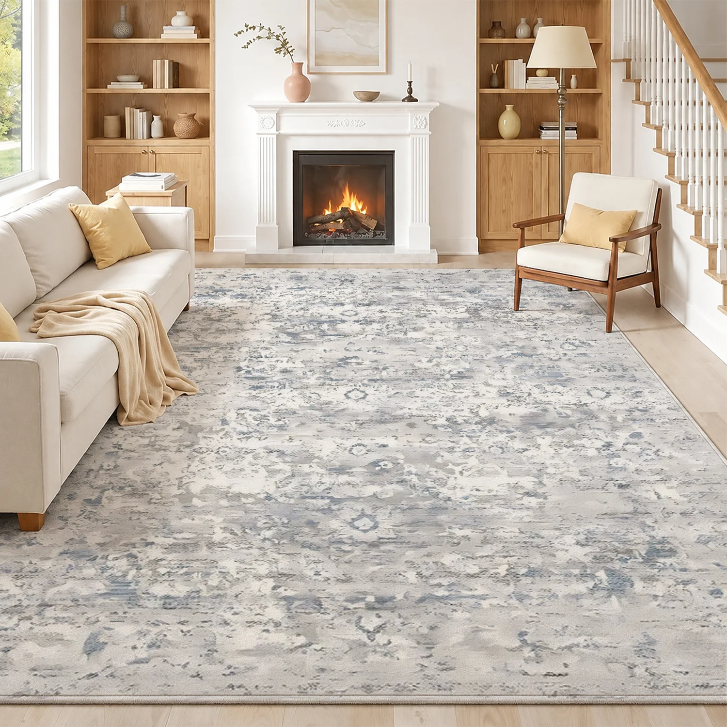 Large Indoor Area Rug, Soft Velvet Low Pile with Non-slip Dotted Backing, Machine Washable Modern Abstract Gray White Pattern for Living Room Bedroom