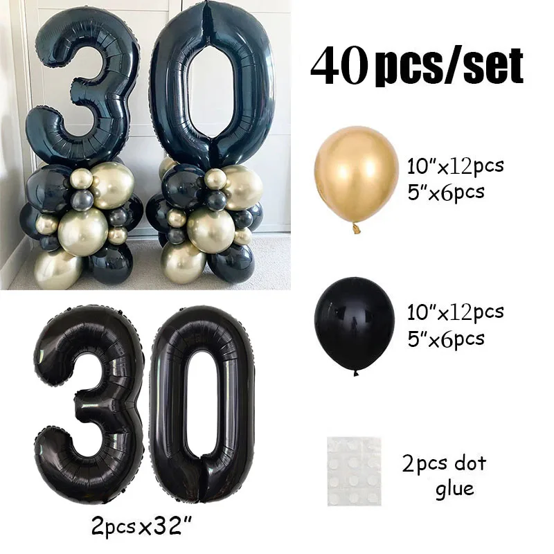 40pcs Black Number Foil Balloons Happy Birthday Party Decorations Kids Adult Boy Girl 10 11 14 15 25 30 35 40 50 60 70 Year Old