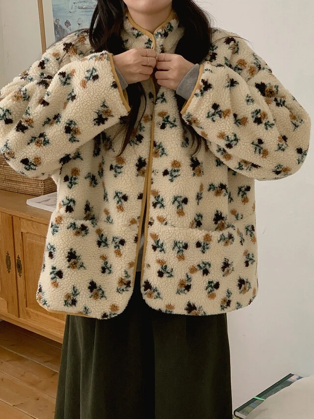 

2Colors Autumn Winter 2 Side Wearing Woolen Jacket Women's Casual Loose Lamb Fur Korean Style Floral Warm Coat Female(GE3072)