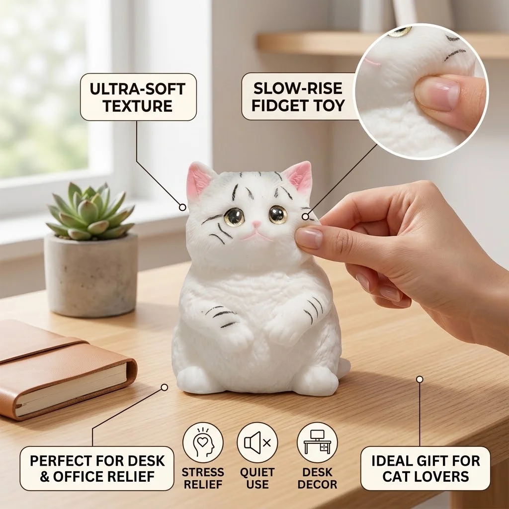 Slow-Rise Kitty Squishy Toy - Calming Stress Relief Sensory Squeeze Fidget, Soft Eco-Friendly Foam Aesthetic Desk Decor