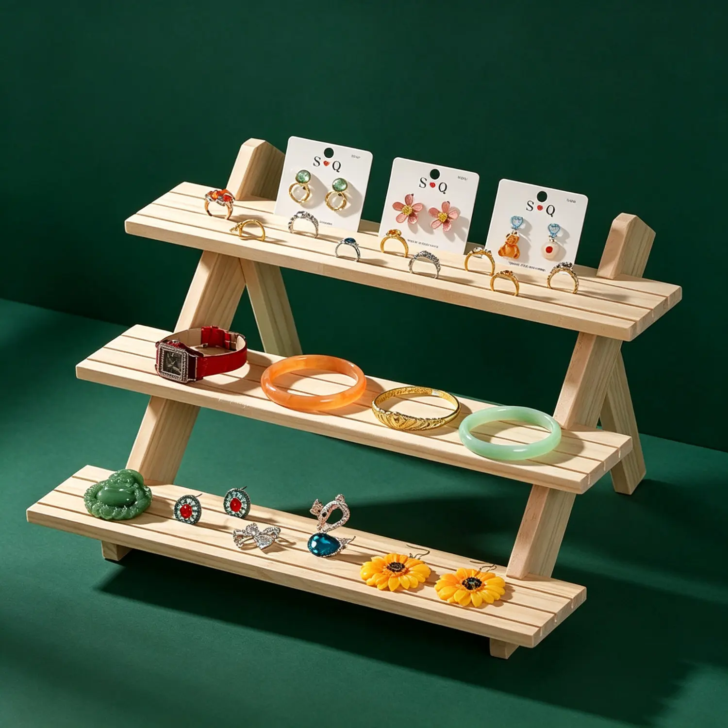 Rustic Wood Jewelry Display Stand Multi-Layer Storage Organizer Holder for Earrings Necklaces Bracelets Desktop Showcase