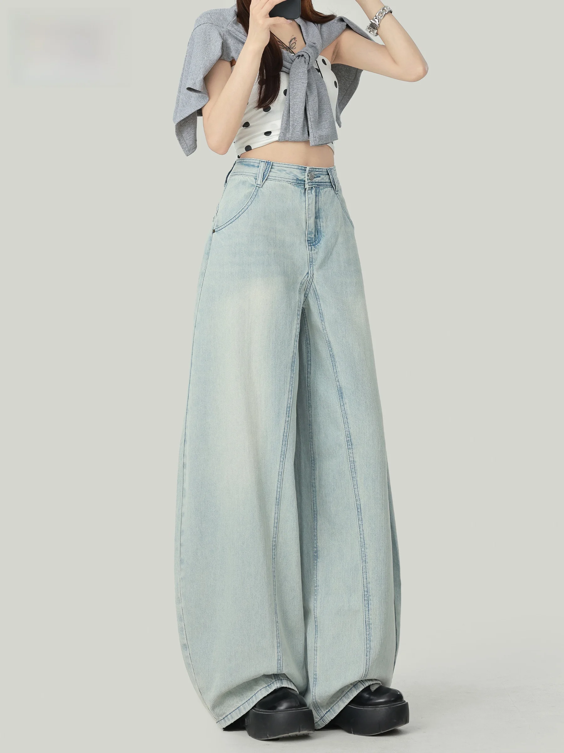

American Style High Waist Wide Leg Jeans Women's Loose Slimming Floor-Length Pants Casual Style Button Craft Cotton Blend