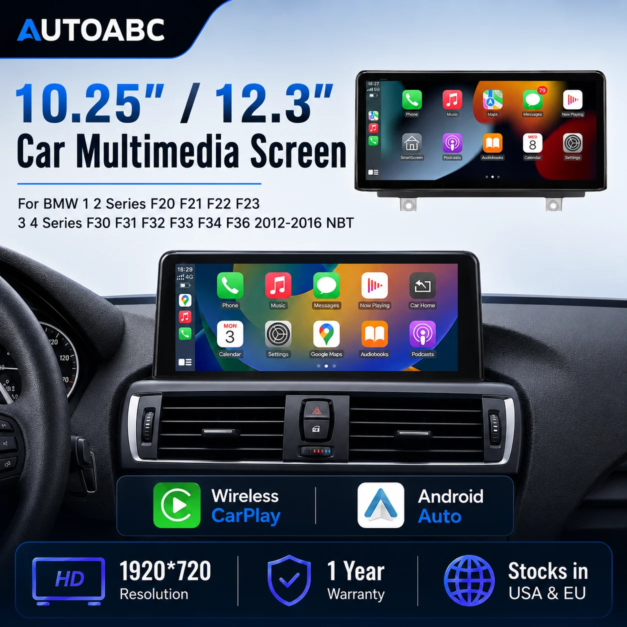 AUTOABC Schermo Touch Wireless 10.25'' con Carplay e Android Auto per BMW Serie 1 2 3 4 F20 F21 F22 F30 F31 F32 F33 Mirror Link Airplay