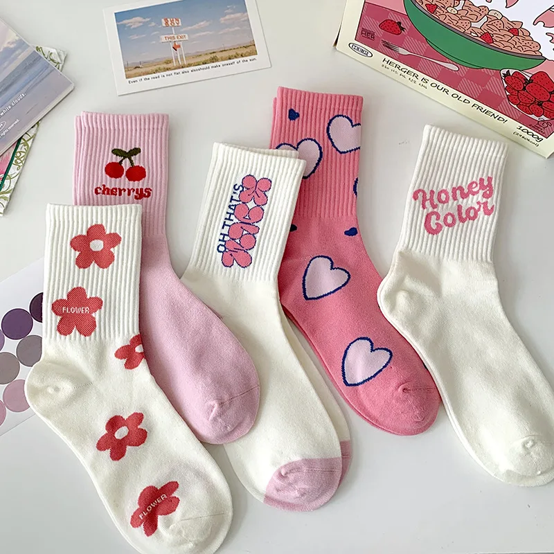 Spring Autumn Pink Middle Tube Women Socks Cotton Japanese Cute Designer Socks Student Sports Kawaii Socks EUR35-42