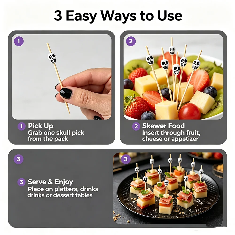 12cm Bamboo Cocktail Picks with 8mm White Skull Toppers Skeleton Fruit Toothpicks Halloween Day of The Dead Party Food Picks - view 5