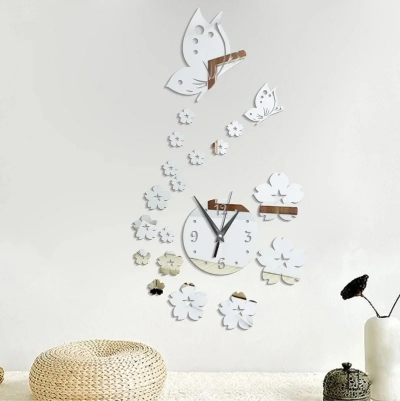 Acrylic Mirror Stickers Wall Clock Modern Design Butterfly 3D DIY Clocks for Girl Gift Living Room Home Decor