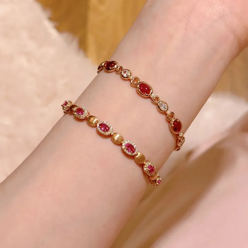 Vintage light luxury style wire drawing inlaid oval ruby bracelet for women High quality exquisite wedding bride bangles jewelry