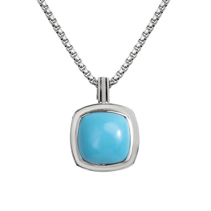 

20mm Square Imitation Turquoise Pendant Fashion Chic White Gold Plated Brass Box Chain Necklace Jewelry Accessory for Women