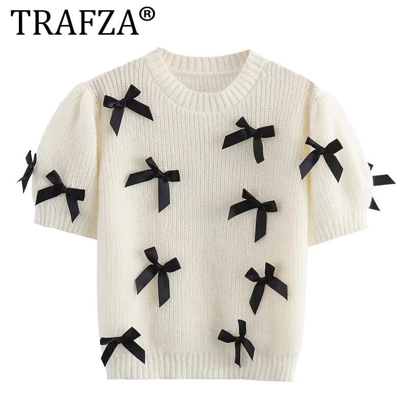 TRAFZA Elegant Puff Short Sleeve 3d Bow White Knit Sweater Women Fashion O-neck Pullover 24New Lady Out Streetwear Sweaters Tops