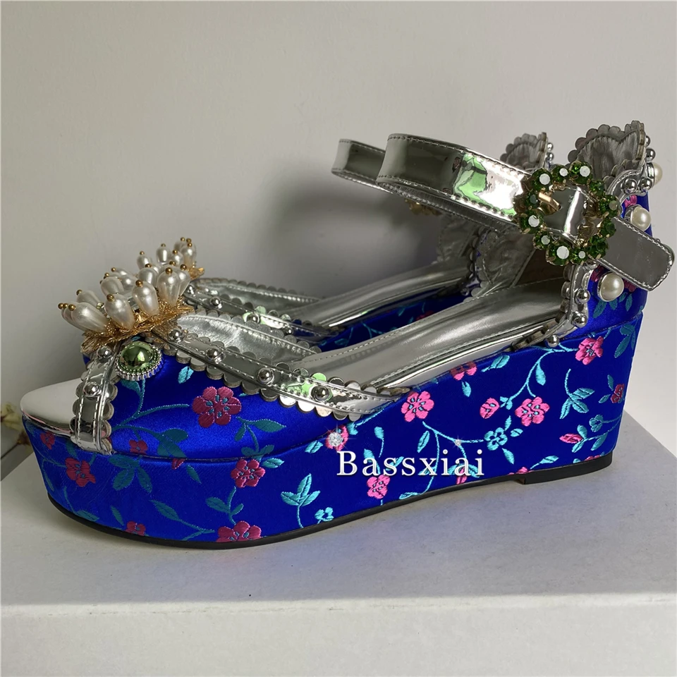 Luxury Embroidery Flower Satin Wedges Sandals Women High Platform Diamond Crystal Buckle Ankle Strap Summer Shoes