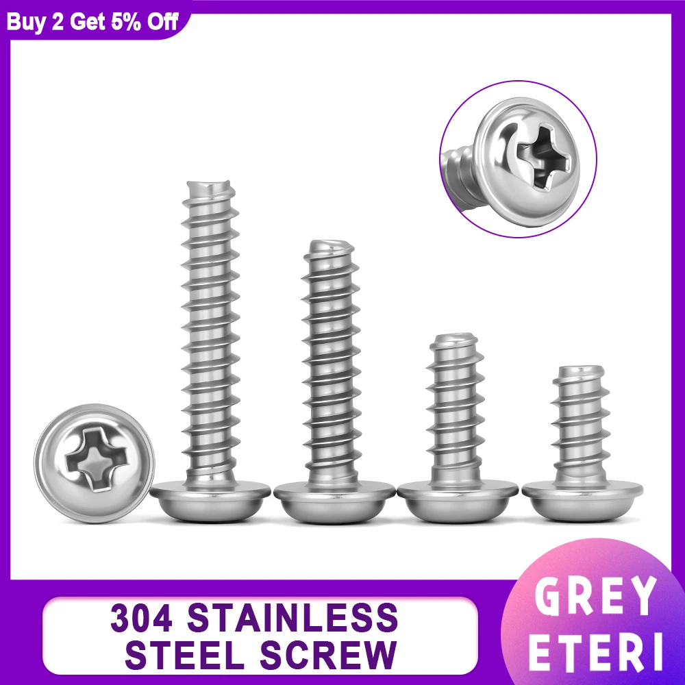 30-200pcs Phillips Screw PWB Round Head With Washer Self-Tapping Screw PWB Screw for Woodworking M1.7 M2 M2.3 M2.6 M3 M3.5 M4