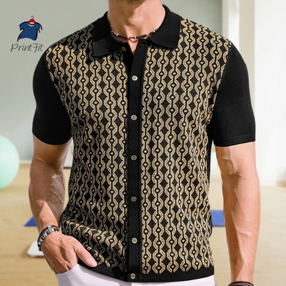 Business Casual Lapel Jacquard Cardigan Polo Shirts, High-quality Short-sleeved Knitted Shirts for Men in Summer, Men Clothing