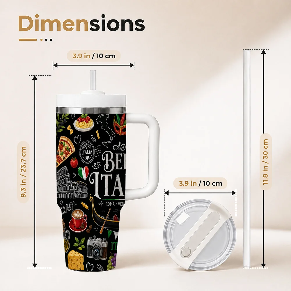 Italia Gondola Pizza Collage Vacuum Flasks 40oz Stainless Steel Insulated Tumbler With Handle & Straw Leakproof Travel Mug