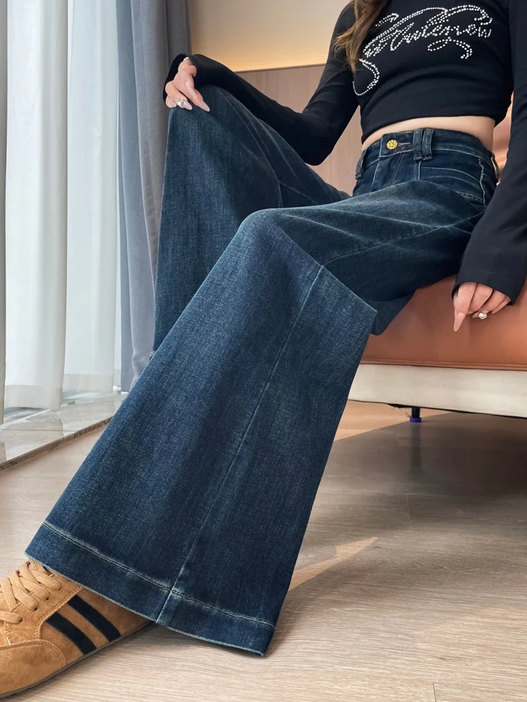 بنطلون جينز نسائي واسع الساق بتصميم ريترو أزرق مبطن للشتاء بخصر عالٍ وقصة أنيقة مناسب للارتداء اليومي مصنوع من القطن
