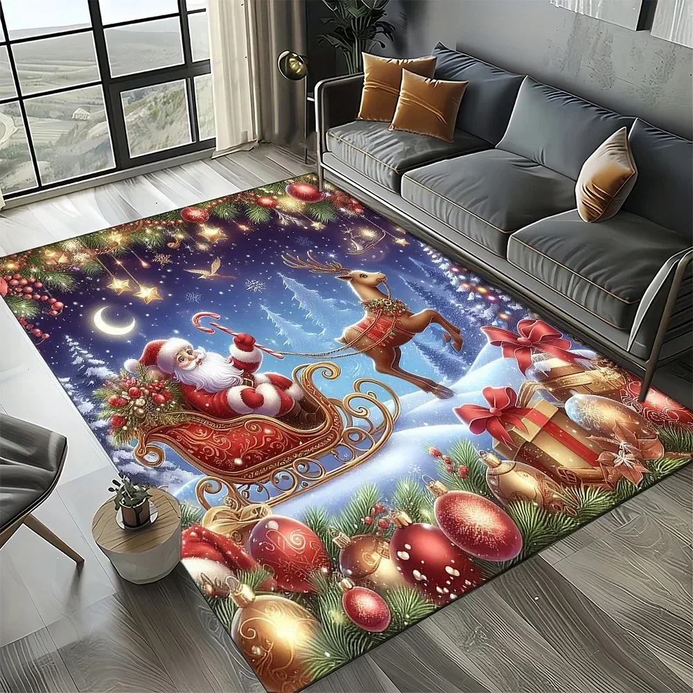 Christmas-themed Non-slip Rug  Santa Claus and Reindeer Decorative Floor Mat  Festive Non-slip Rug for Living Room and Bedroom