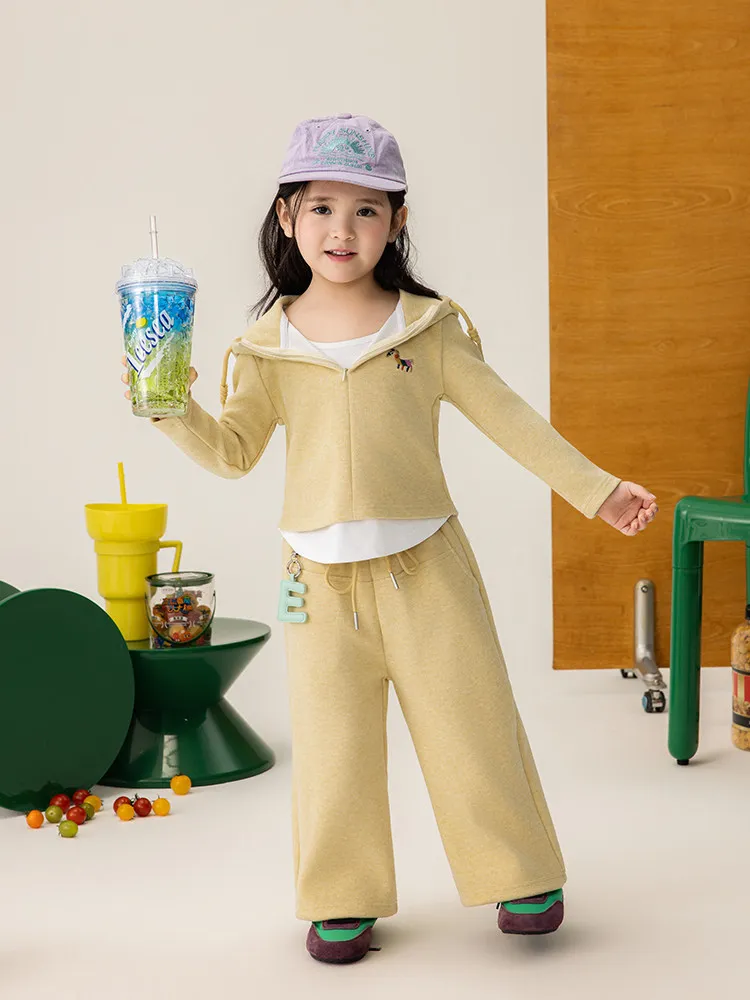 Kids Girl Casual Sport Suit Fashion Pony Embroidery Color Blocked Fake Two Pieces Hooded Sweatshirt Straight Leg Pants 2Pcs Set