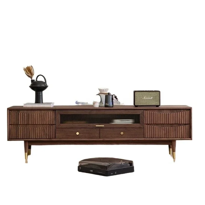Nordic black walnut TV cabinet living room simple modern small apartment all solid wood floor-to-ceiling TV short combination