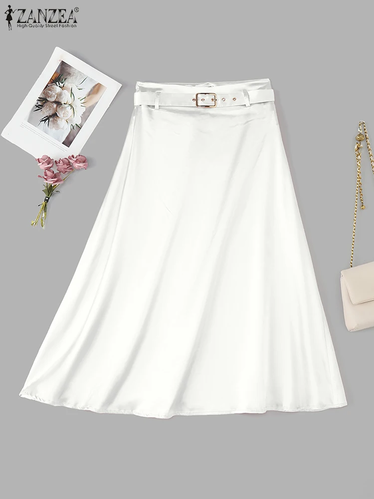 스타일리시 오피스 OL 스커트 ZANZEA 여성 가을 하이웨이스트 스커트 2025 우아한 솔리드 새틴 A라인 파티 스커트 캐주얼 미디 스커트
