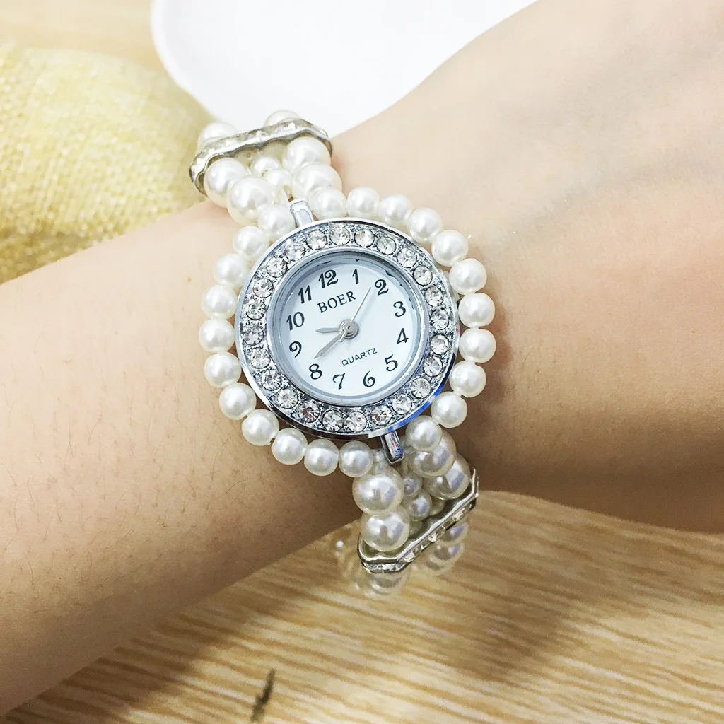 1PCS Fashion Women Casual Pearl String Watch Crystal Rhinestone Strap Quartz Wrist  Female Clock