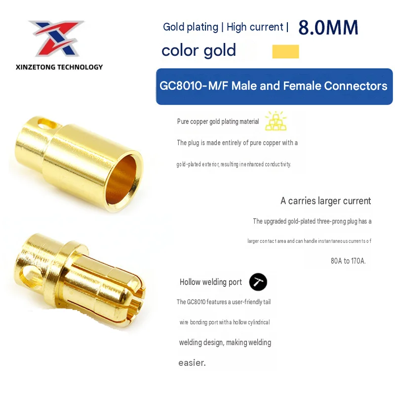 Amass GC8010-M/F Original 8.0mm Gold-Plated Banana Plug Connector for RC Models (Motor/ESC Connections)