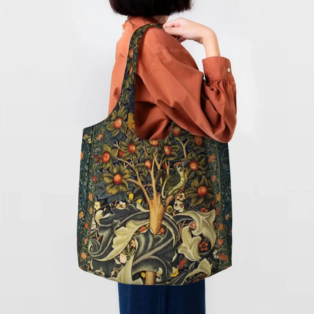 William Morris Woodpecker In Fruit Tree Shopping Tote Bag Reusable Birds Rabbits Floral Canvas Groceries Shopper Shoulder Bag