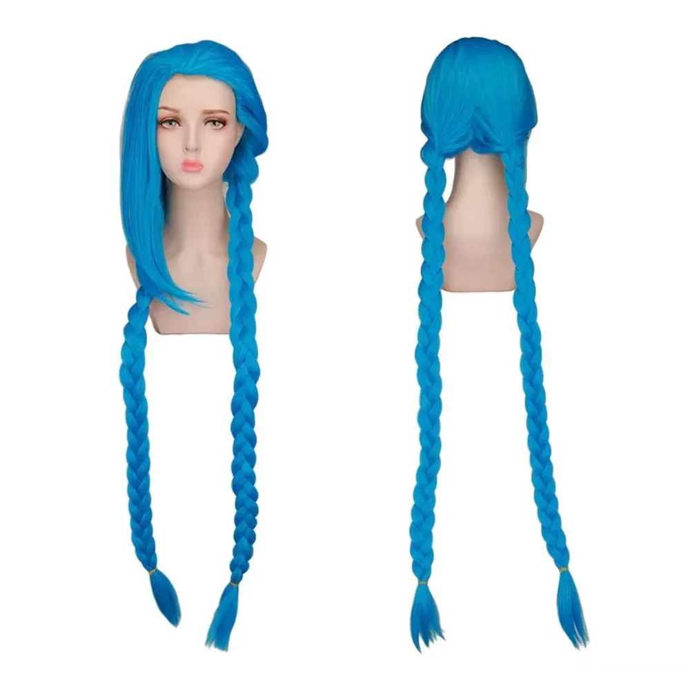 QQXCAIW 120 سنتيمتر/46.8 "LOL Jinx شعر مستعار تأثيري لعبة الأزرق طويل الأزرق الضفائر مقاومة للحرارة بيروكات صناعية للنساء الفتيات تأثيري الطرف