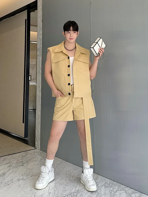 

Ретро-костюм: повседневный рабочий жилет и шорты с карманами, молодежный тренд, свободный крой, на все сезоны, китайский бренд