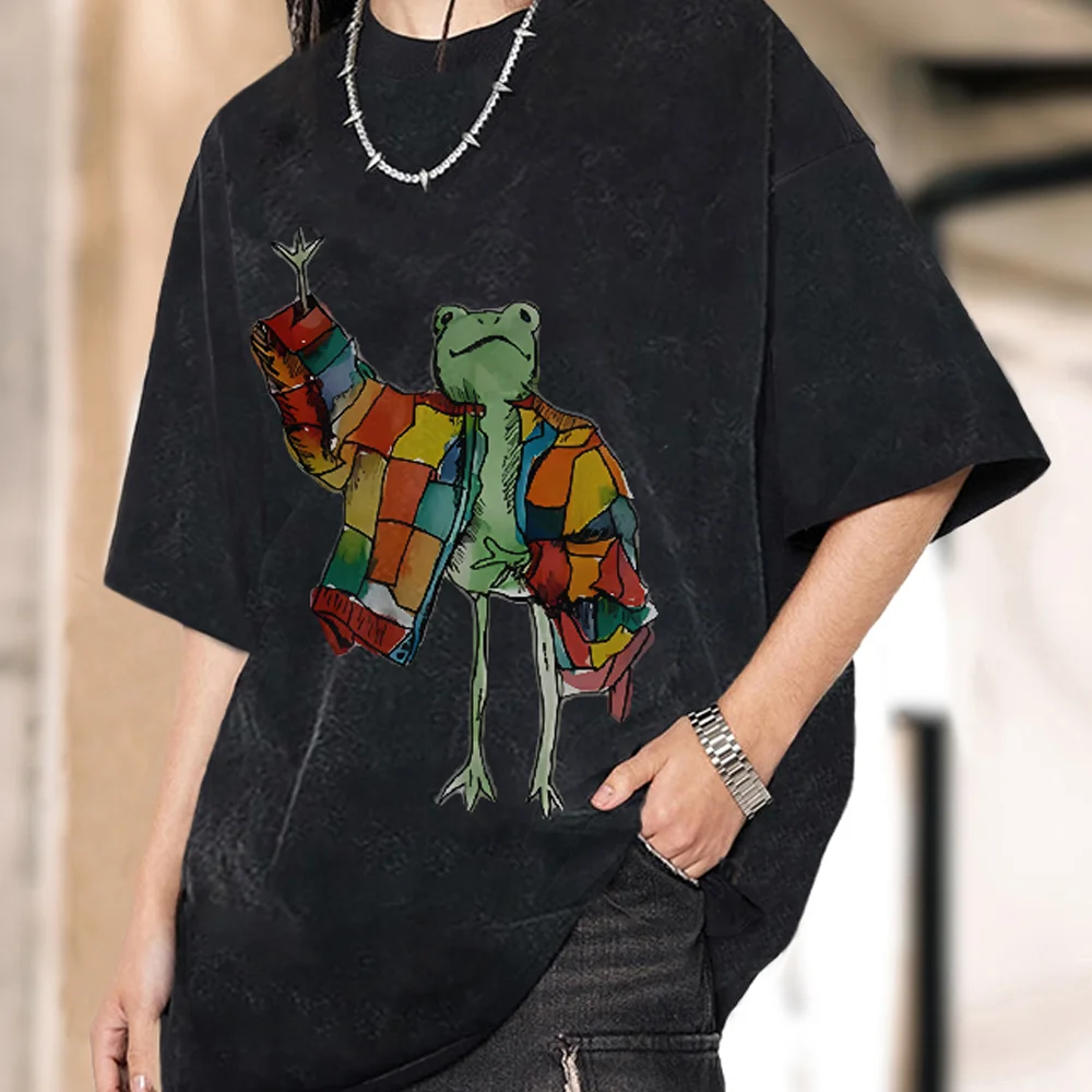 

Cute Funny Style Cartoon Frog Print Ladies T-Shirt Loose Wash Oversized Short Sleeve 2024 Summer Fashion Cute Top Students