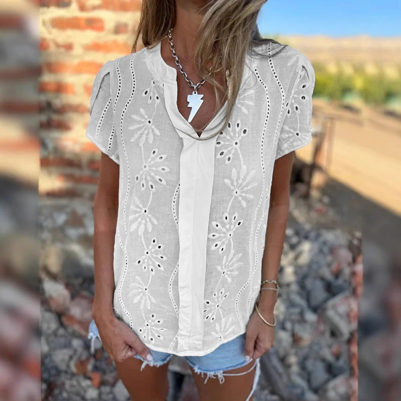 2025 Fashion V Neck Lace Pullover Tops Elegant Solid Color Loose Shirt Women Casual Short Sleeve Hollow-out Embroidery Blouse