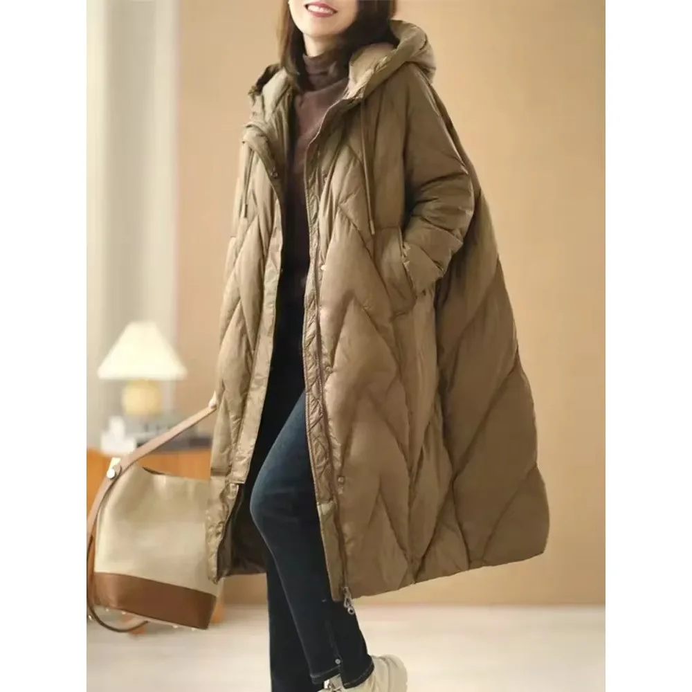 

New Winter Fashion Lady Loose Long Coat White Duck Down Jacket Women Overcoat Winter Hooded Puffer Feather Parkas Female