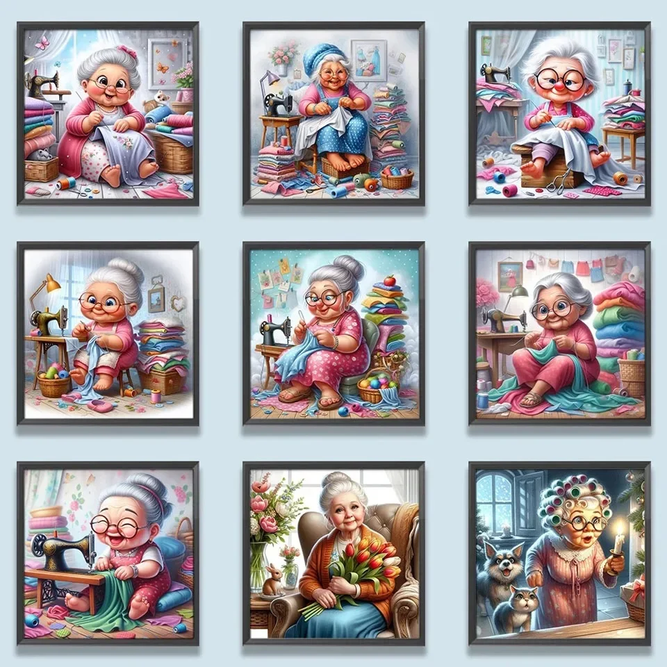 Grandma Sewing Clothes 5D DIY Full Square Round Drill Diamond Painting Old Lady Do Housework Cross Stitch Kit Mosaic Home Decor