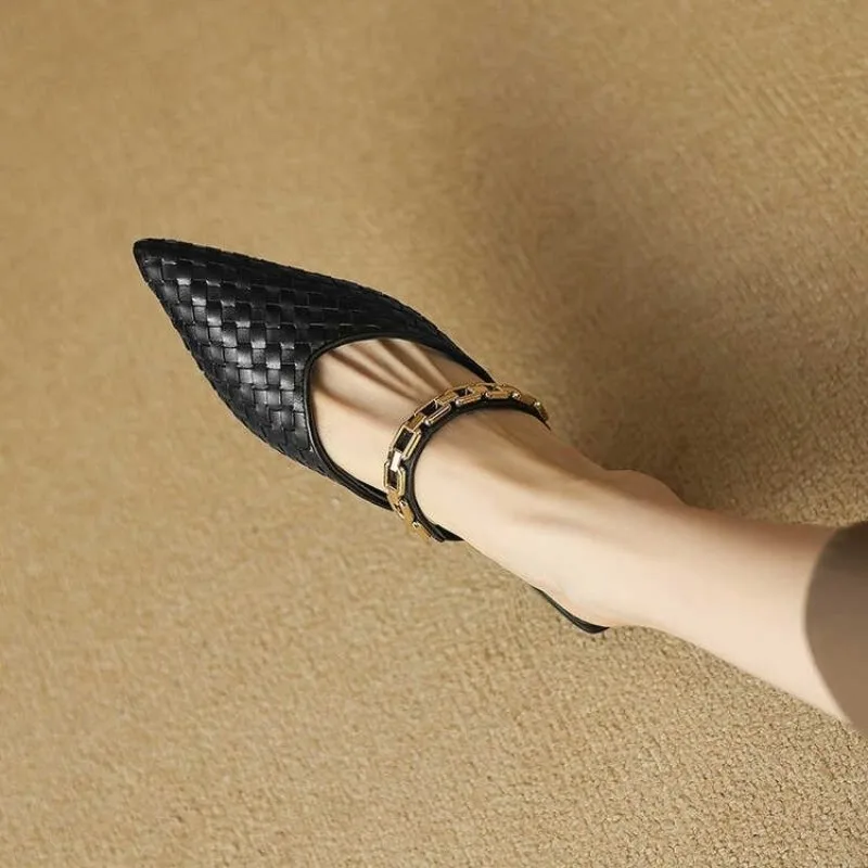 Women Slippers Pointed Toe Design Shallow Slip on Thin Low Heels Black Flock Design Casual Mules Loafers Black Outdoor