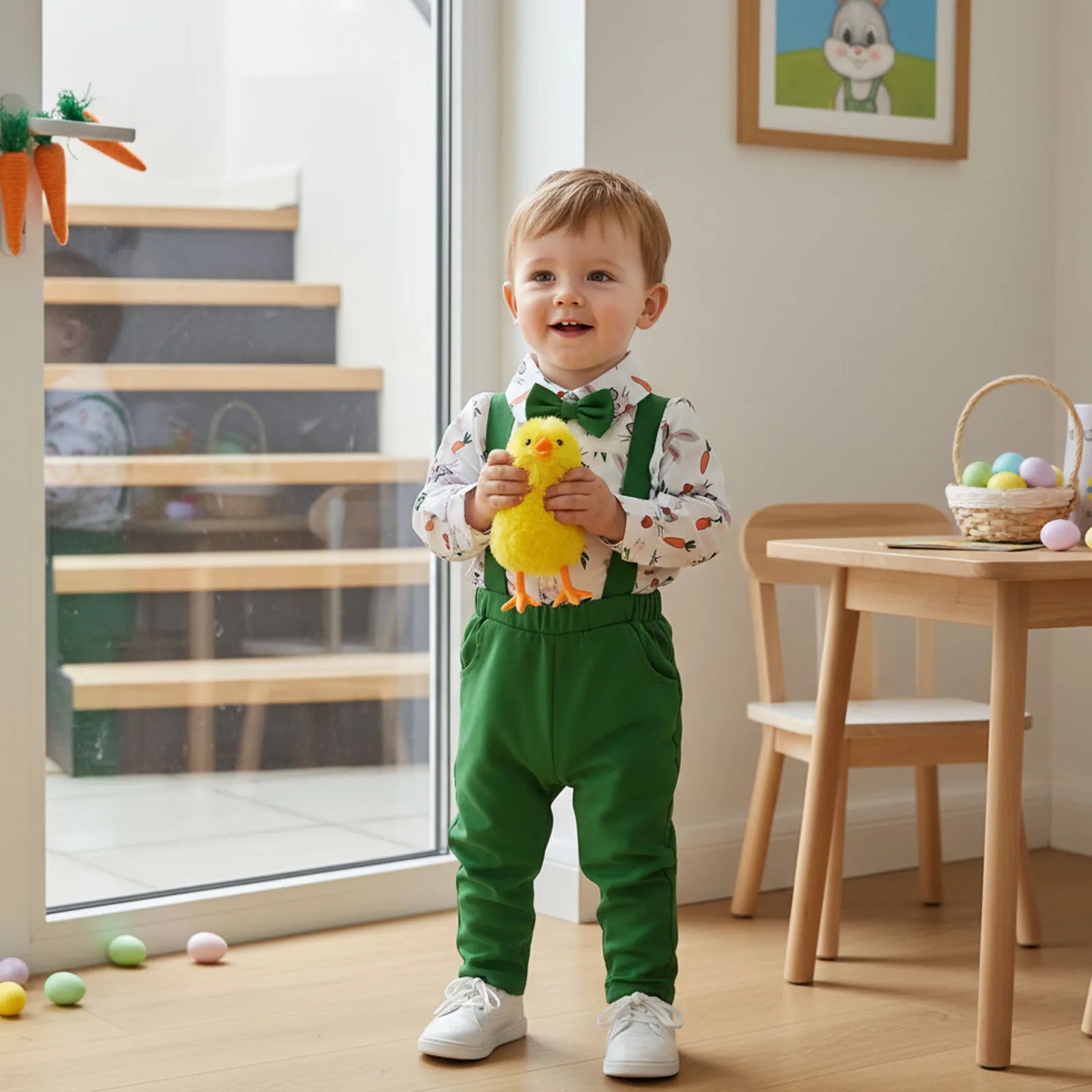 2-teiliges Oster-Outfit für Jungen, langärmlig, mit Umlegekragen, Truck-Kaninchen-Print, Oberteil und Hosenträgerhose