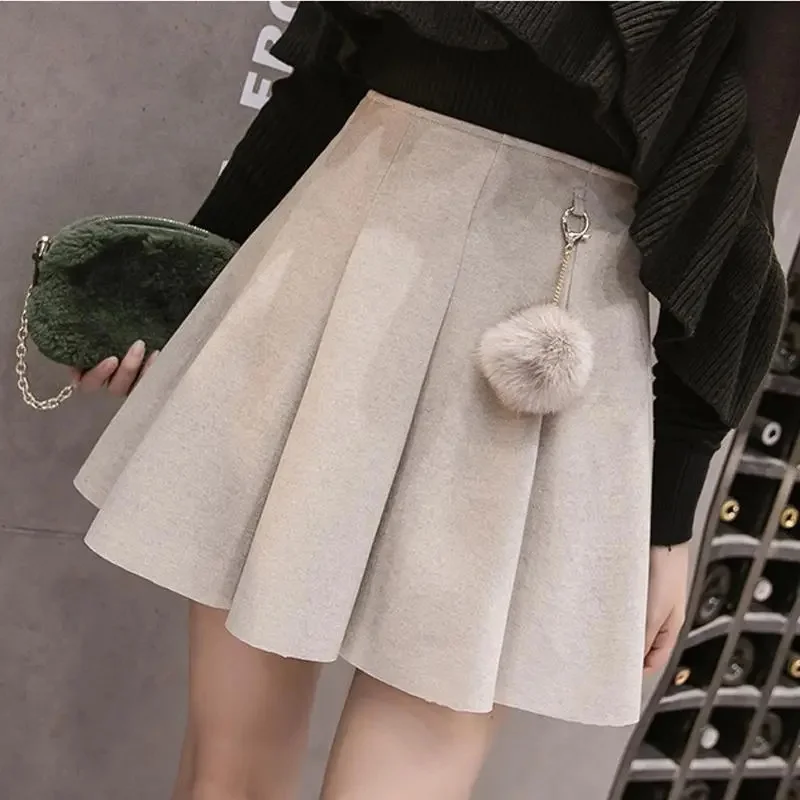 

Autumn Female New High Waist Woolen Skirts Spring Women Fashion Pleated Short Skirts Korean Ladies Solid color A-line Maxi Skirt