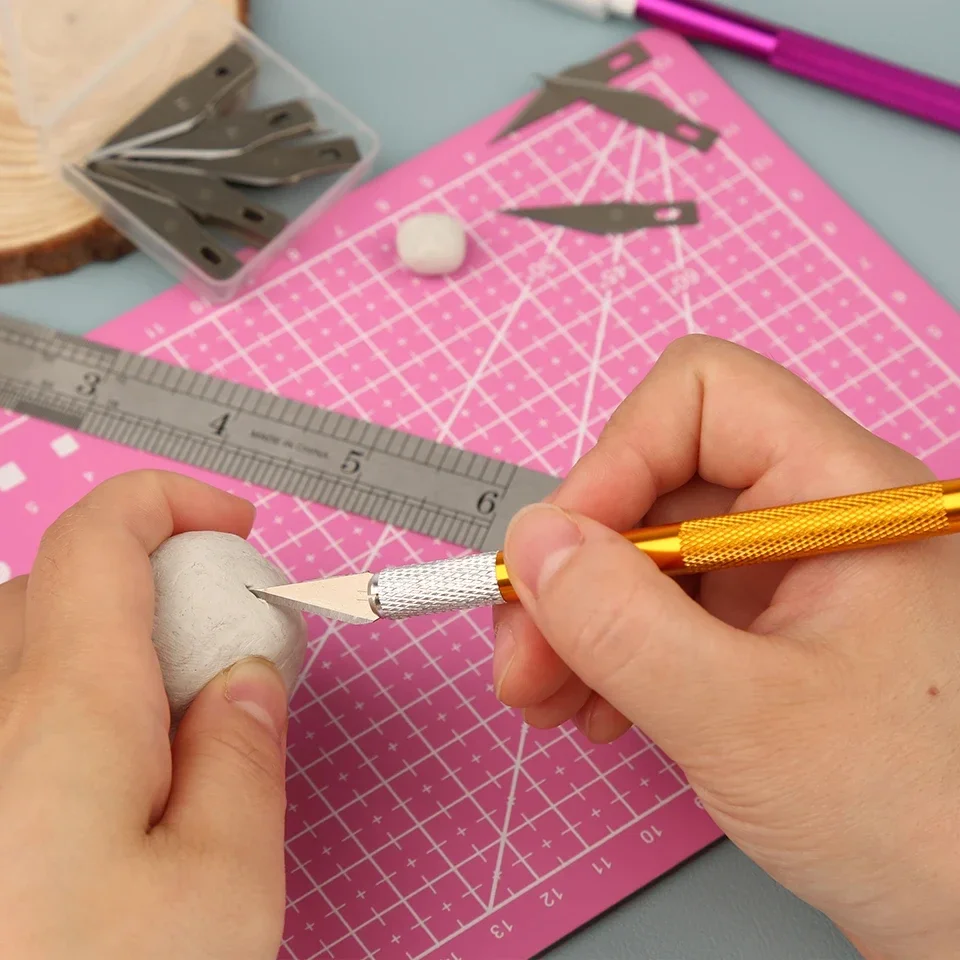 Fniiva النقش القاطع مع 5 قطعة شفرة مقبض معدني الحرفية نحت النحت ورقة عدم الانزلاق سكين DIY بها بنفسك إصلاح أدوات جلدية اليد