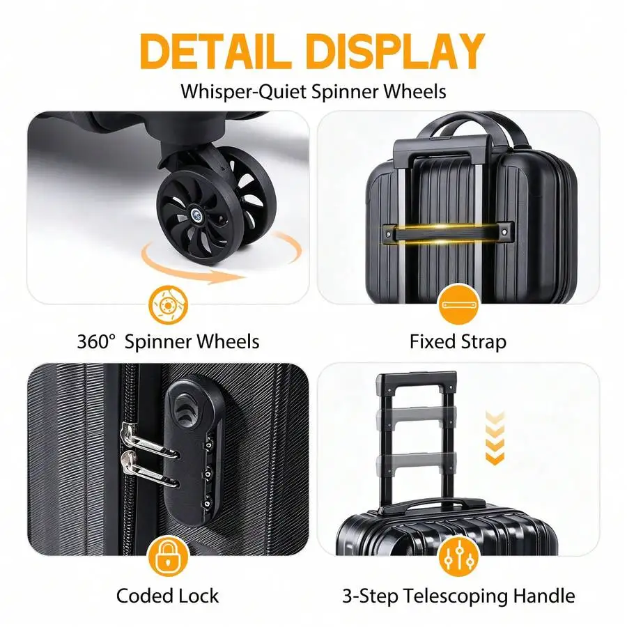 2 Pcs Carry On Luggage Sets With Spinner Wheels Lightweight Travel Suitcases PP Hardshell Carry-On 20 Inch & 14 Inch Luggage Cas