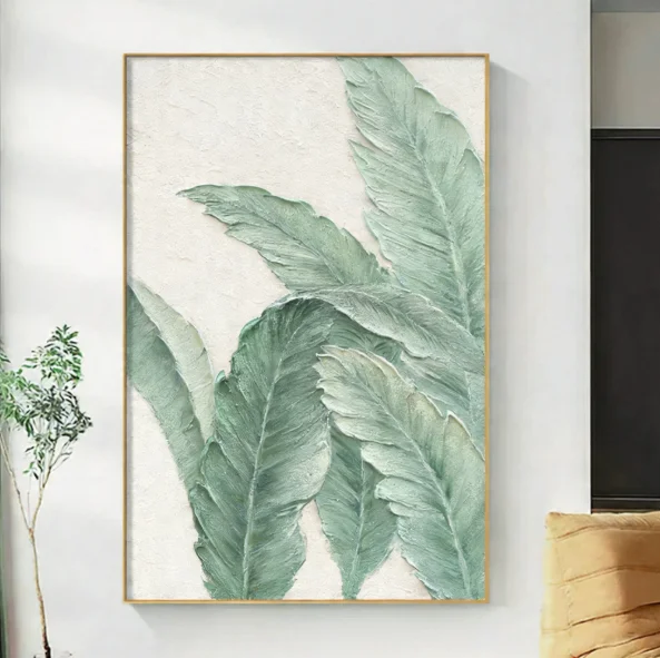 #Modern Living Room Large Leaf Texture Thick Oil Hand-Painted Canvas Hanging Art