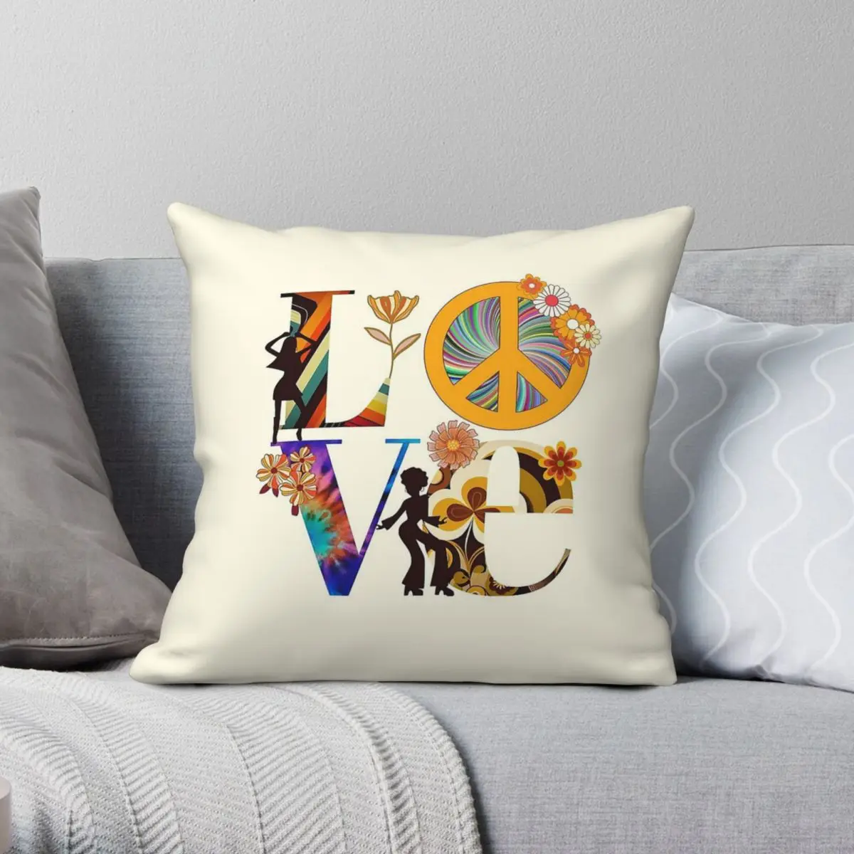 Retro Love Disco Peace Sign Pillowcase Polyester Linen Velvet Creative Zip Decor Pillow Case Sofa Cushion Cover