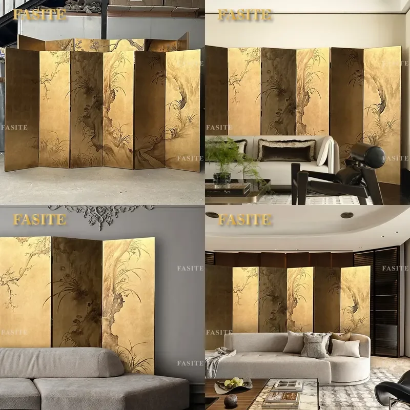 For Living Room Office Porch Partition Screen Retro Style Solid Wood Hollow Carved Lacquer Painting Background Wall Divider