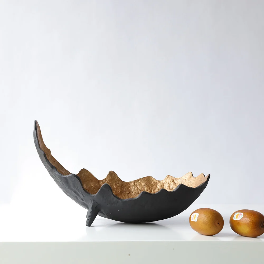 CX light luxury black gold curved crescent metal fruit plate decorative tray ornament