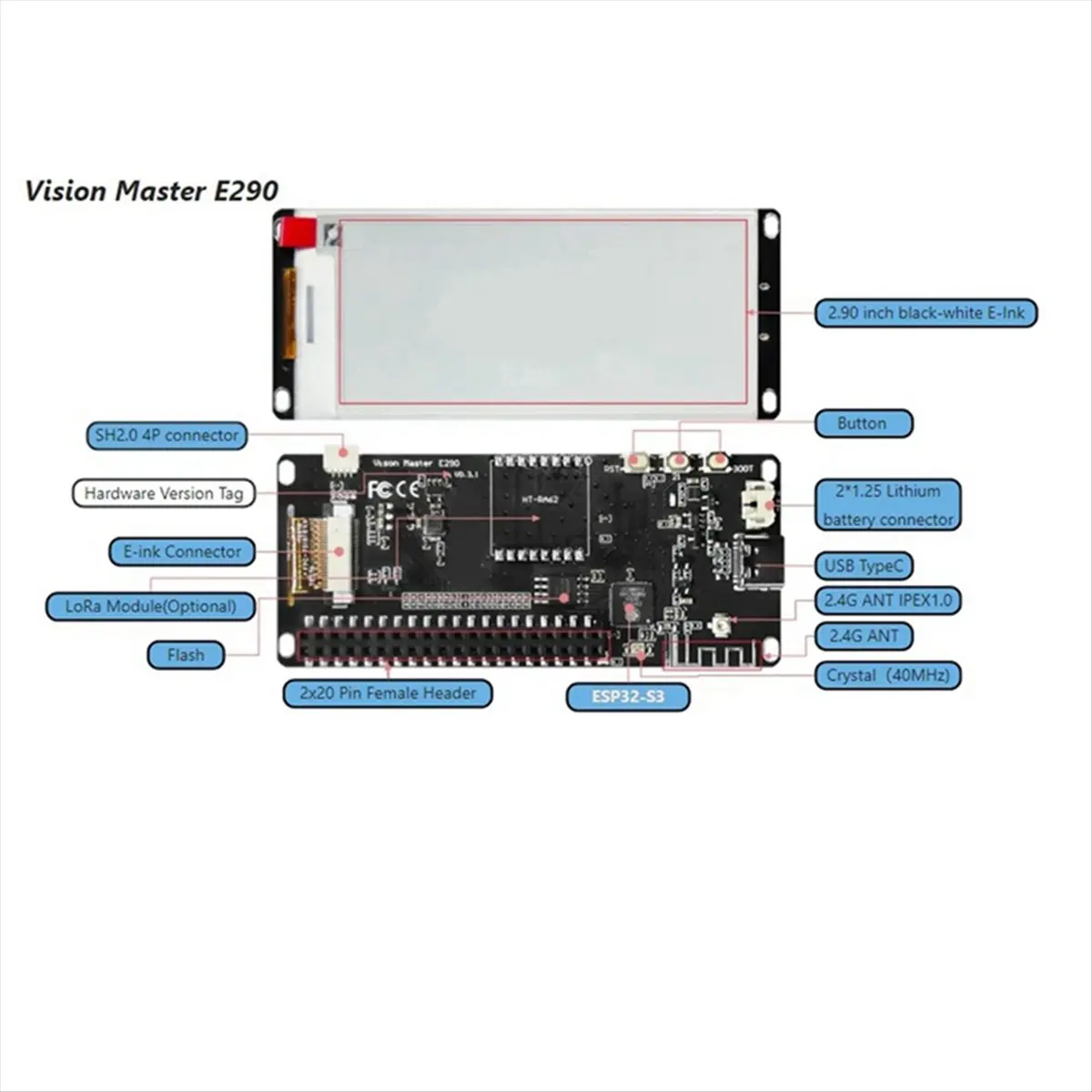 A14G Meshtastic Vision Master E290 Display LoRa for Price Tag E-Paper Monitor Devboard 433-510mhz