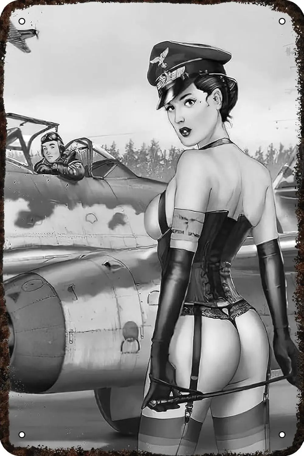 Metal Signs Sexy Nude Pinup Girl Army Military Pilot Girls Vintage Tin Sign Funny Art Wall Decorations for Home Man Cave Bedroom