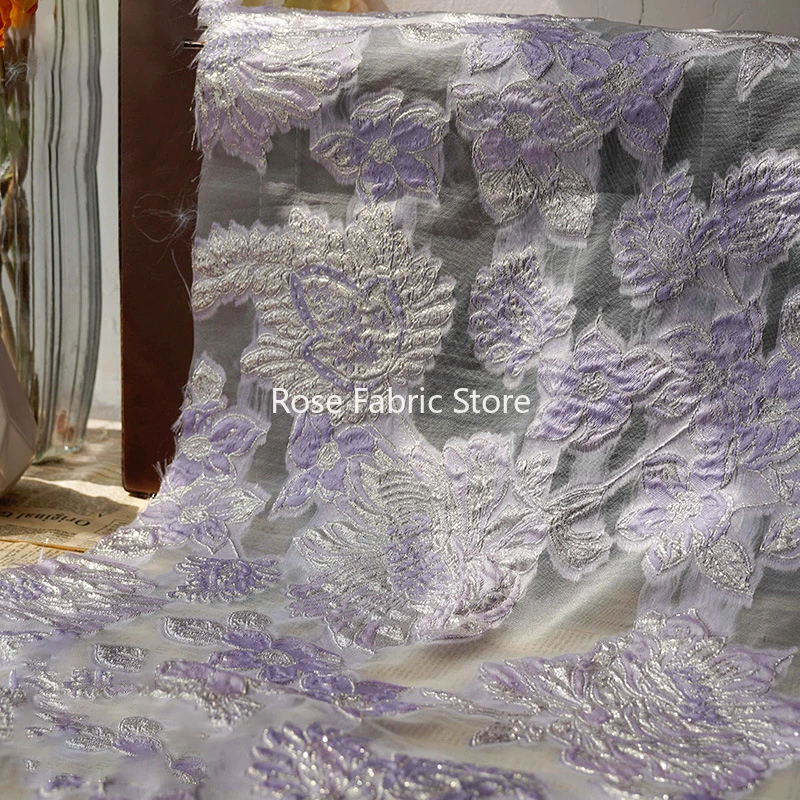 1 meter Silver Silk Embossed Light Thin Jacquard Fabric Spring Summer Women's Skirt Flower Dress Fabric