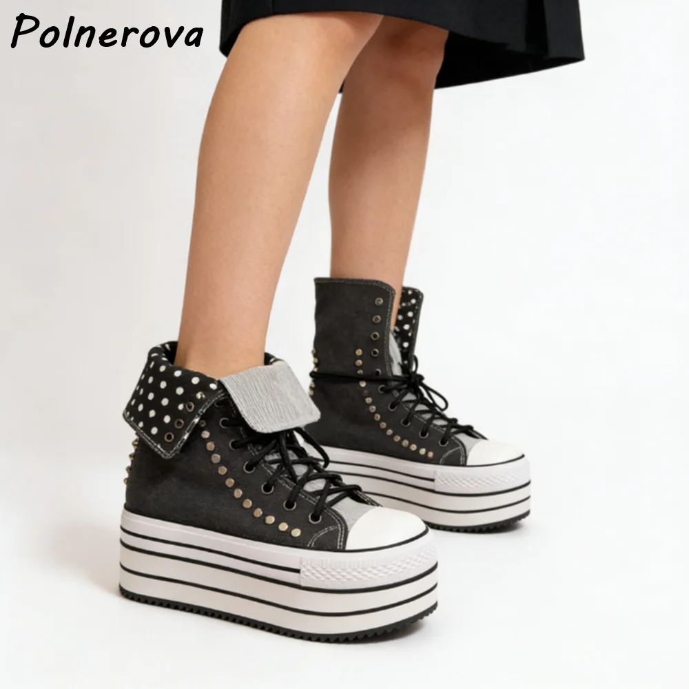 Polka Dot Rivet Pumps Metal Rivet Black White Canvas Turn Over Edges Round Toe Shoes Women's Leisure Concise Thick Soled Shoes