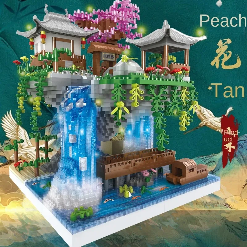 Montaż klocków, architektura starożytna, starożytny styl, staw z kwiatem brzoskwini, mikrocząsteczki, dzieci o wysokim stopniu trudności