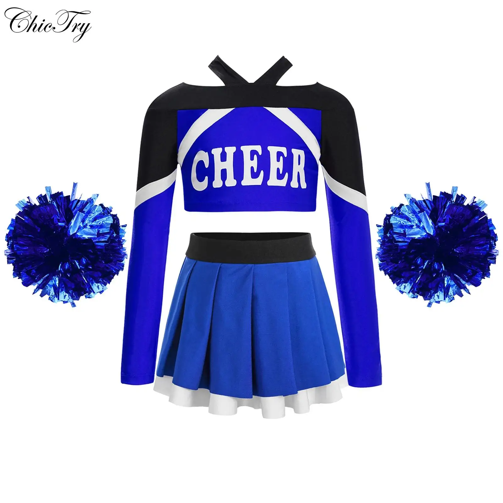 

Kids Girls Cheerleading Costume Dance Performance Uniform Long Sleeve Letter Print Crop Top with Pleated Skirt Set Flower Balls