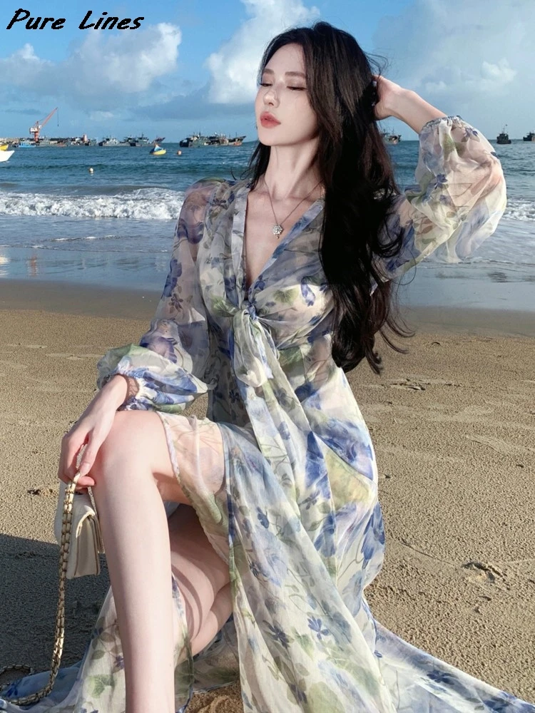 

Woman Summer Elegant Chiffon Slim Waist Split Long Dresses French V-Neck Floral Print Dress Fashion Sexy Holiday New Robe
