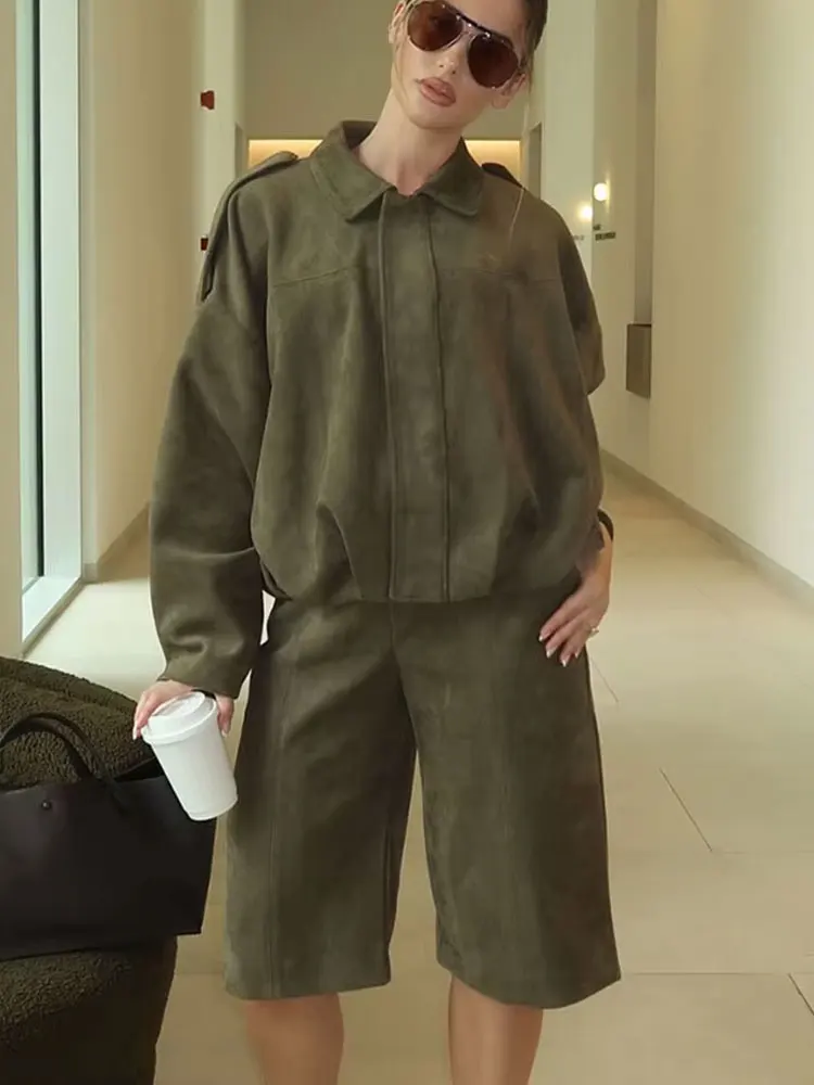 HH أنثى الشارع موضة الجلد المدبوغ الملمس السراويل مجموعات سستة الصلبة التلبيب Bomber سترة + ألف خط مع جيوب السراويل الرجعية دعوى #2